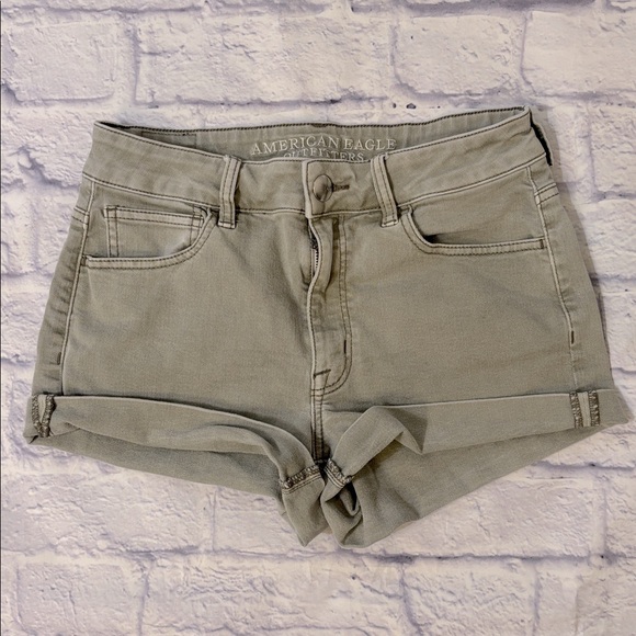 American Eagle Hi Rise Shortie Olive Green Stretchy Denim Shorts Size 6 - Picture 1 of 12